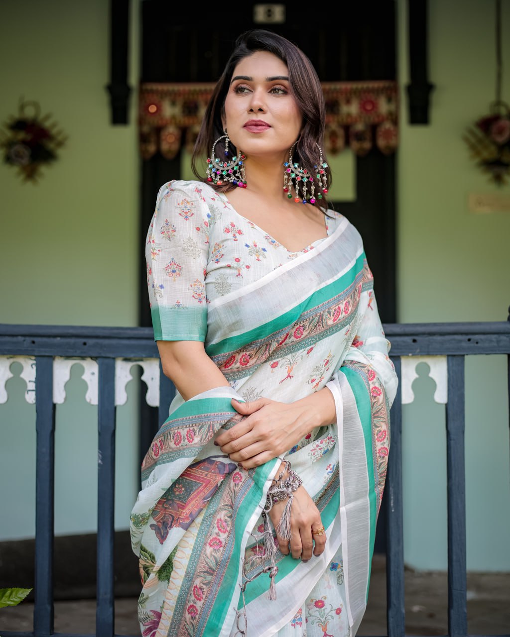 Ivory Mint Floral Linen Cotton Saree