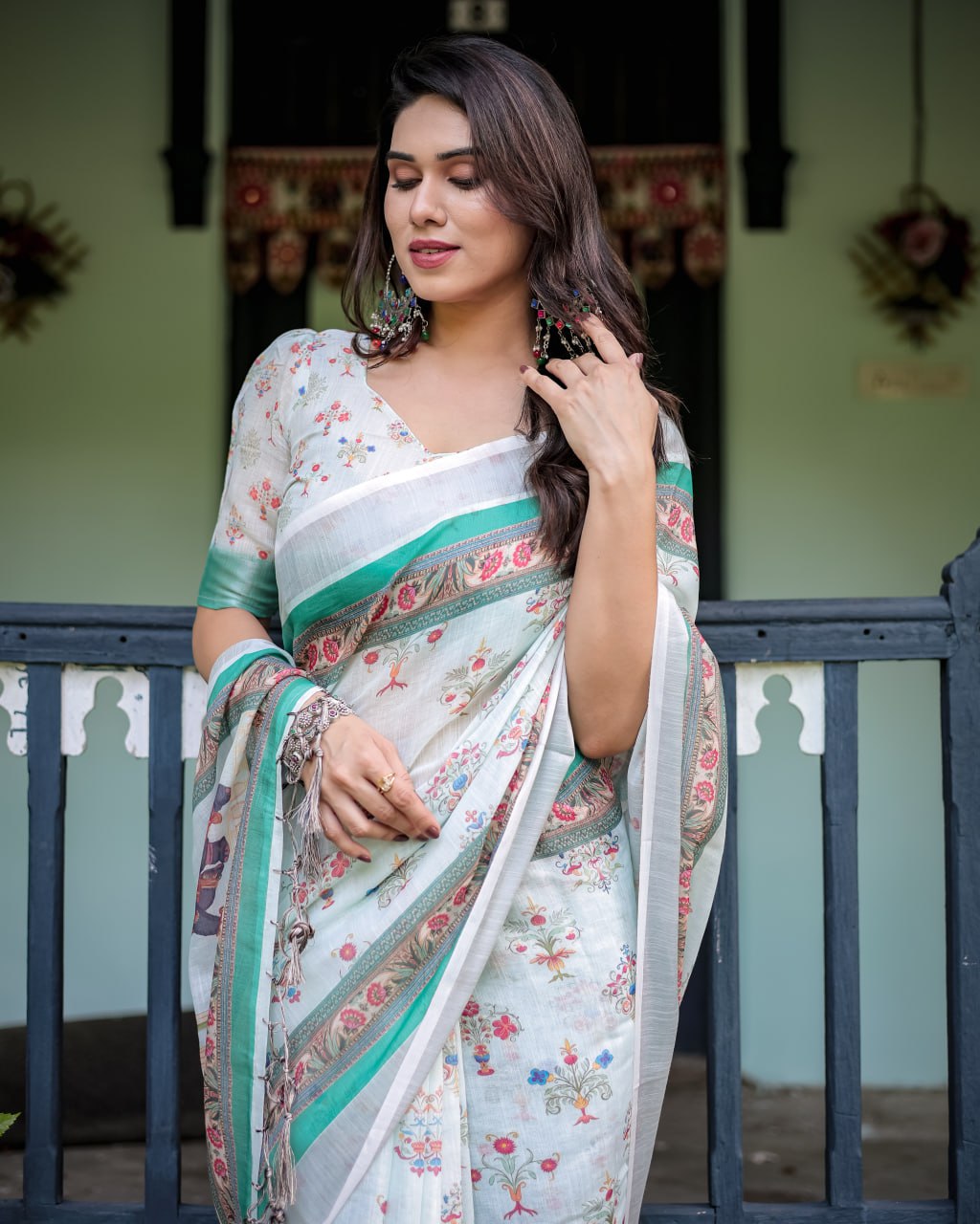 Ivory Mint Floral Linen Cotton Saree