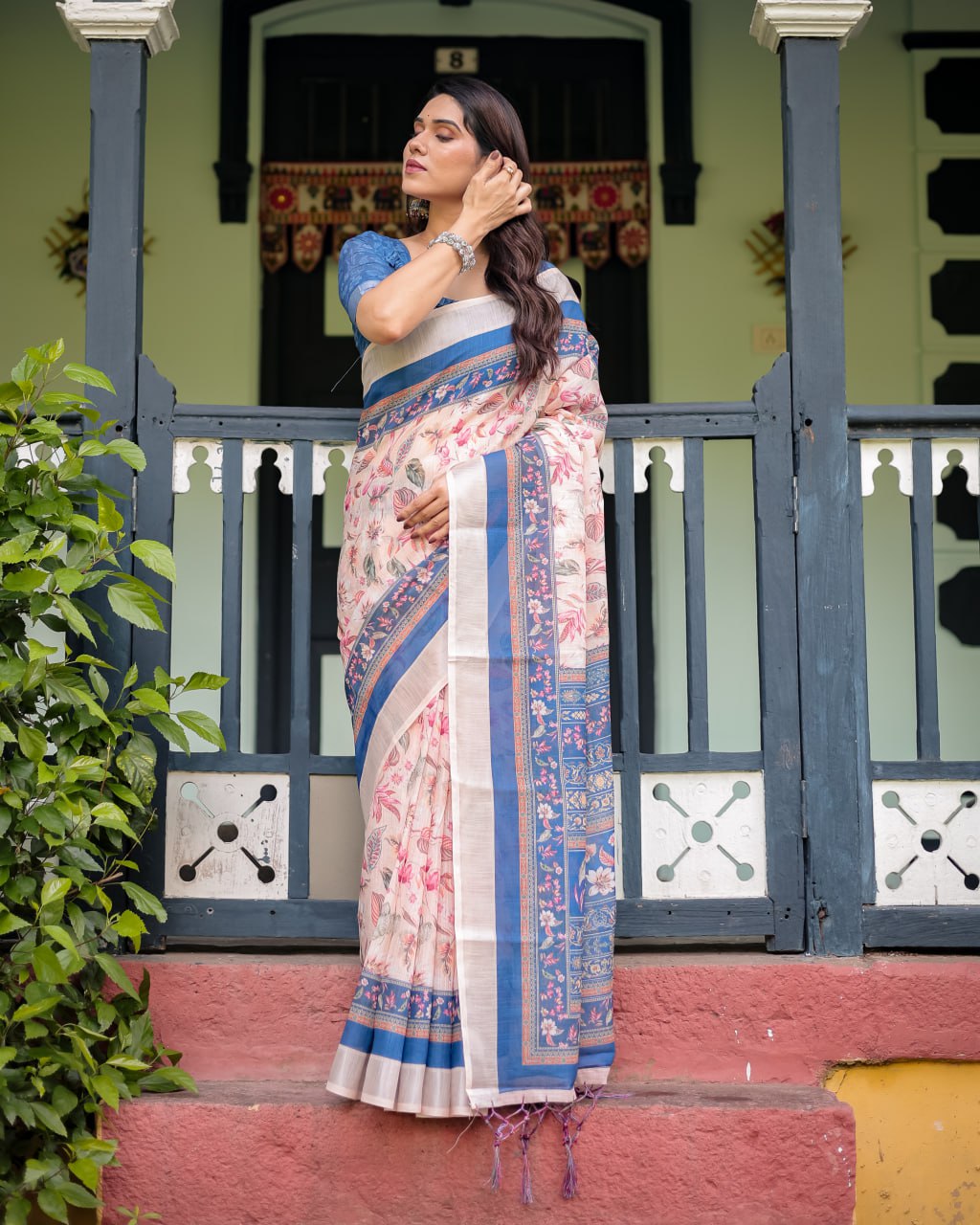 Peach Blue Floral Linen Cotton Saree