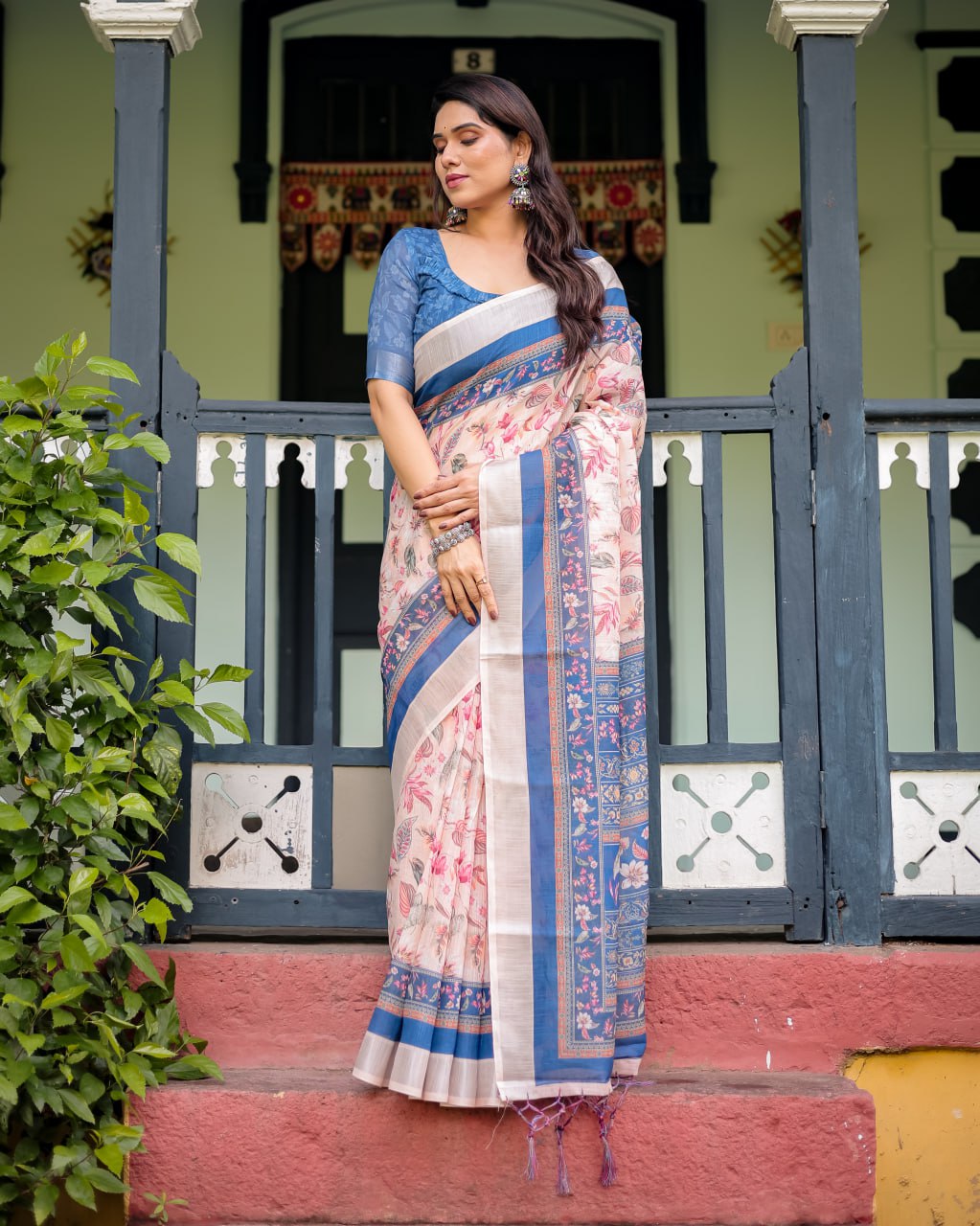 Peach Blue Floral Linen Cotton Saree