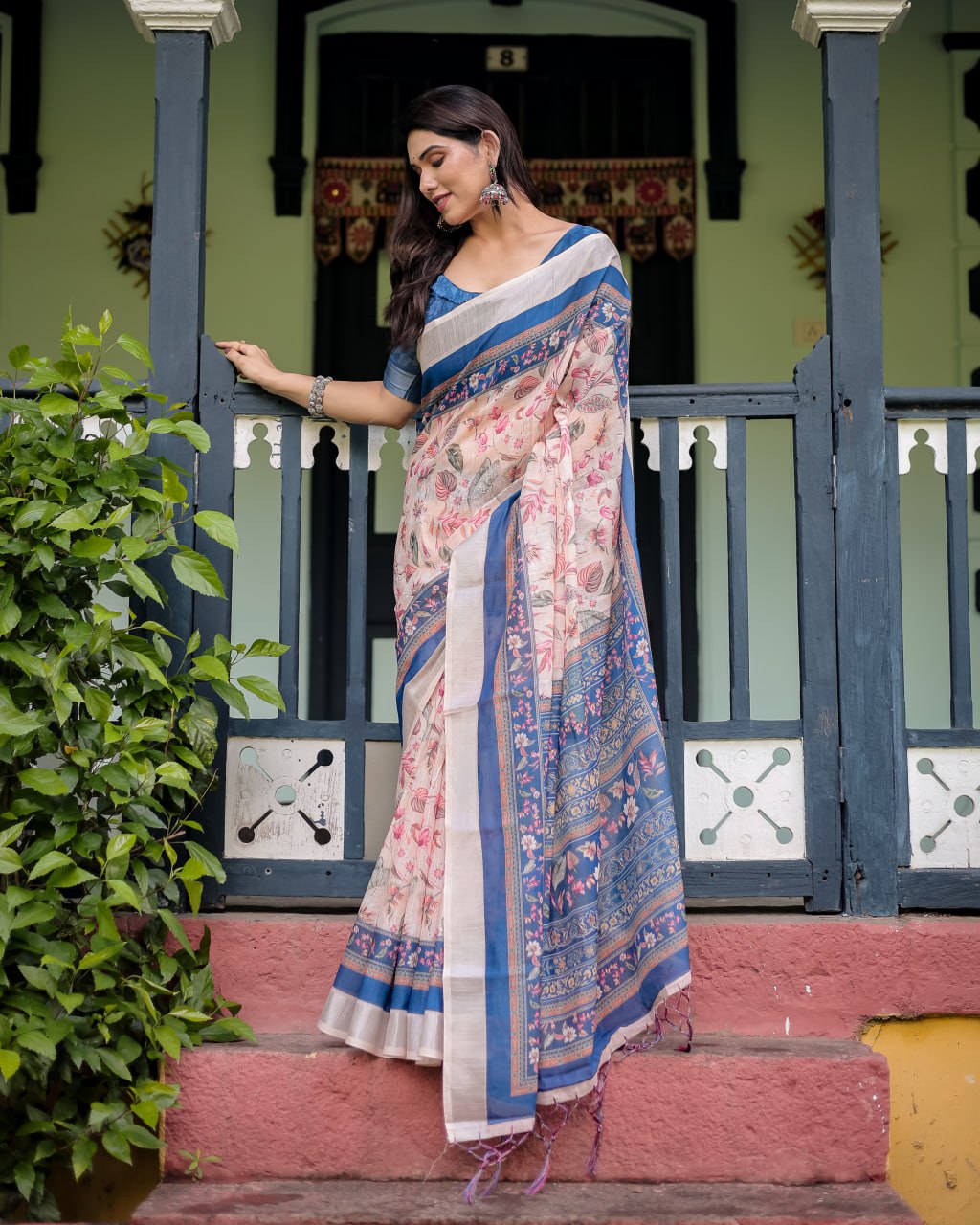 Peach Blue Floral Linen Cotton Saree