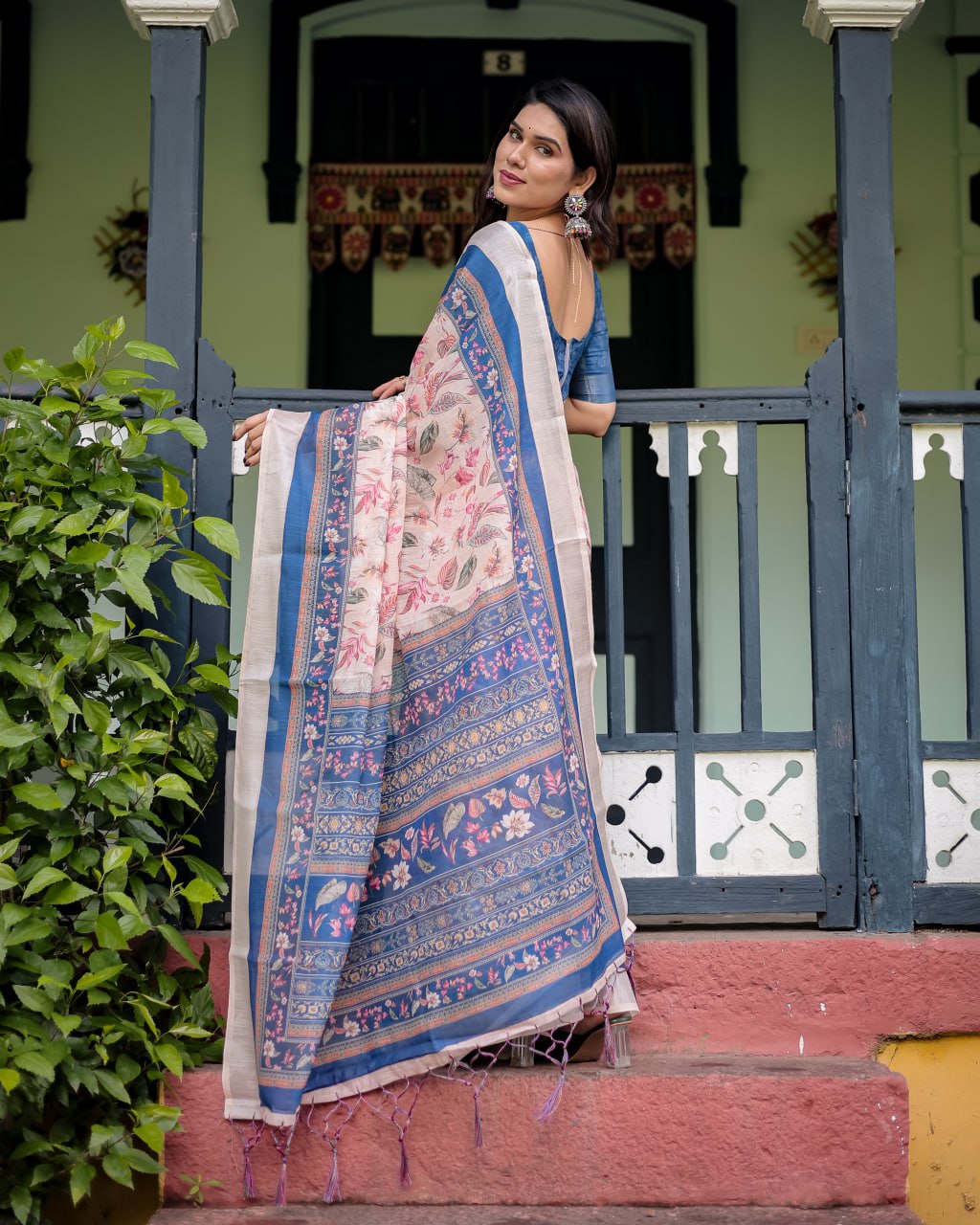 Peach Blue Floral Linen Cotton Saree