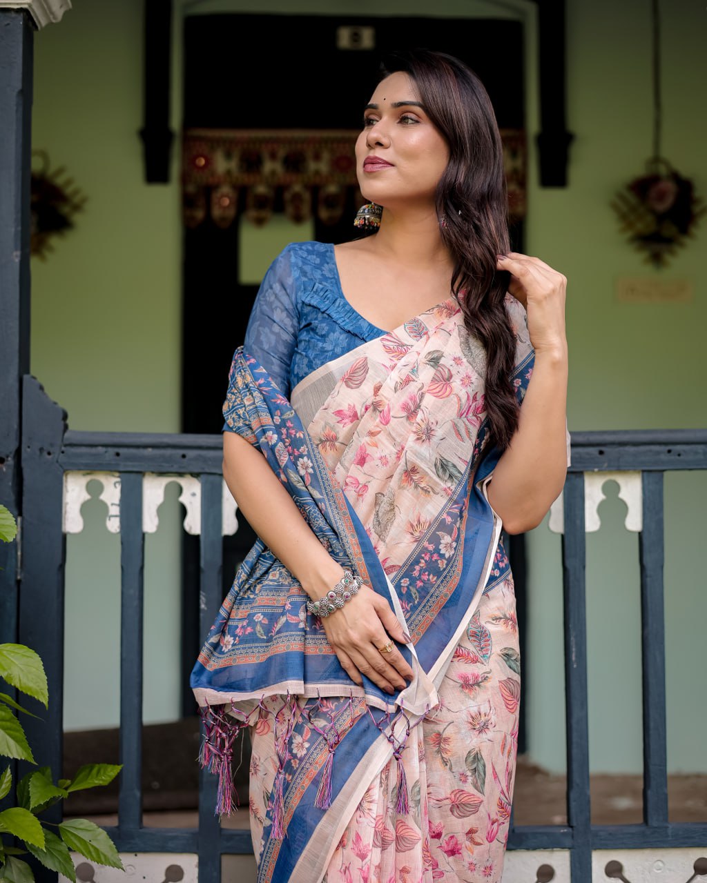 Peach Blue Floral Linen Cotton Saree