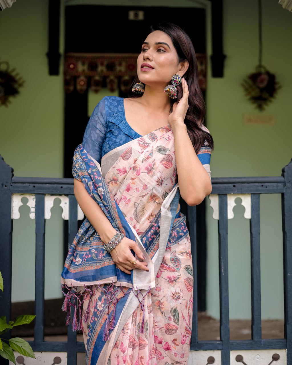 Peach Blue Floral Linen Cotton Saree