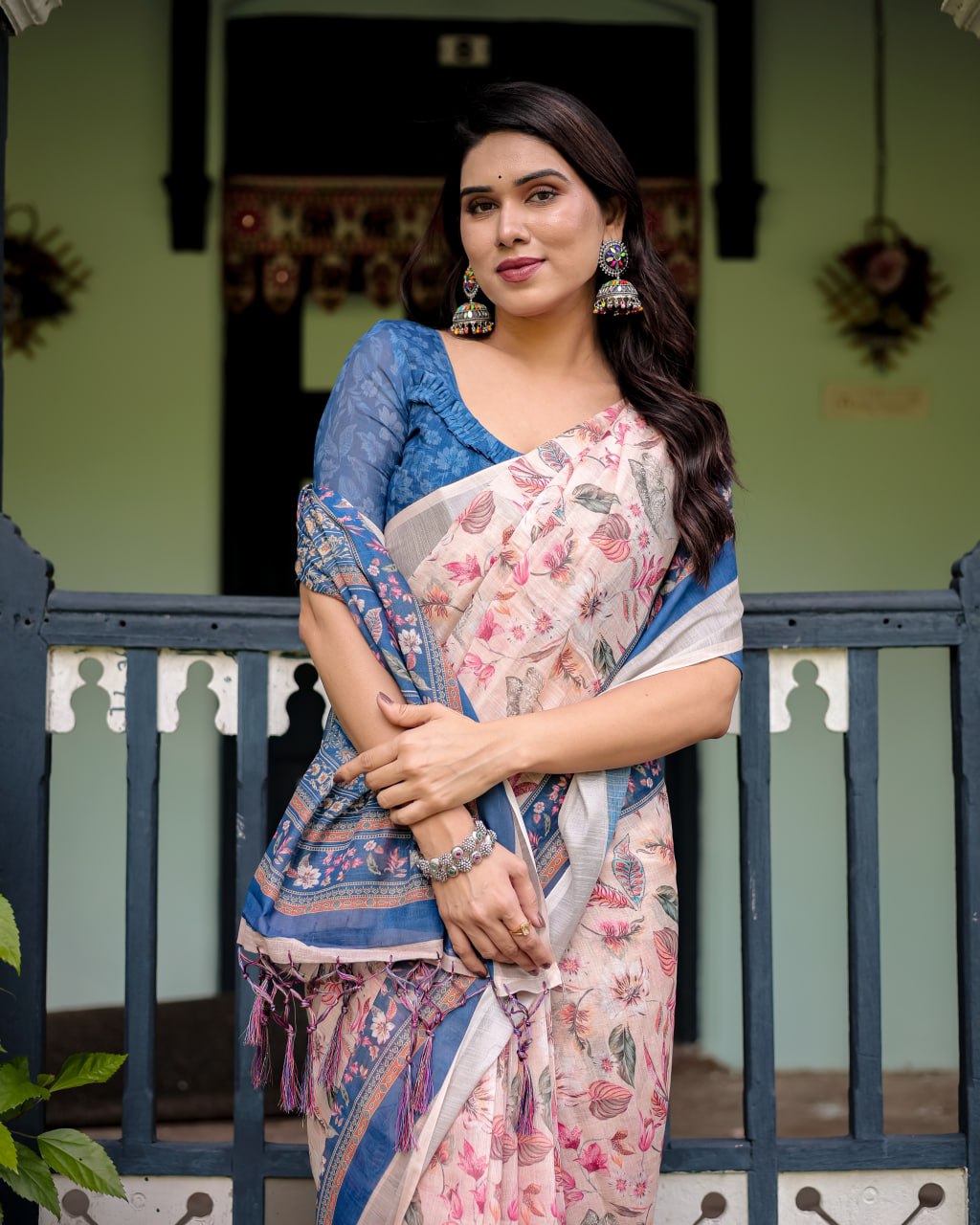 Peach Blue Floral Linen Cotton Saree