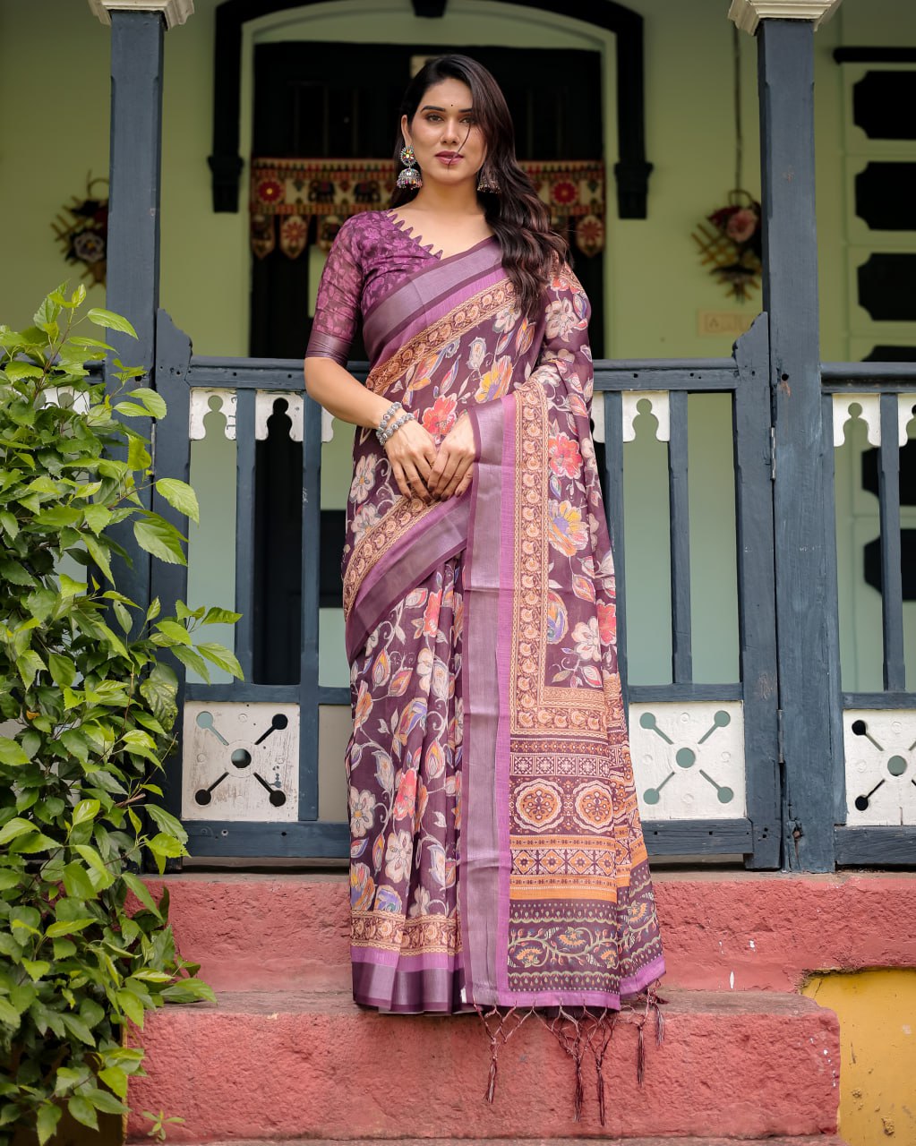 Wine Purple Floral Linen Cotton Saree