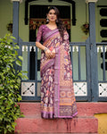 Wine Purple Floral Linen Cotton Saree