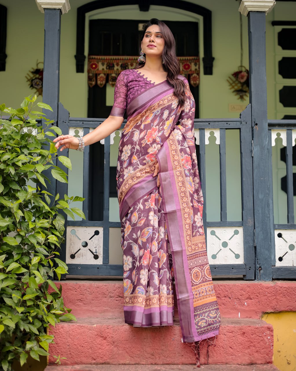 Wine Purple Floral Linen Cotton Saree