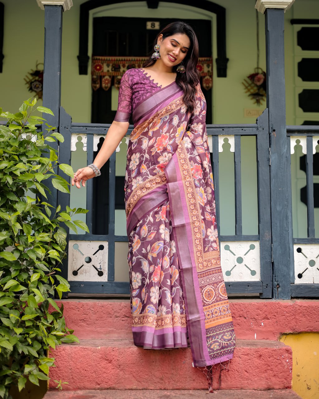 Wine Purple Floral Linen Cotton Saree