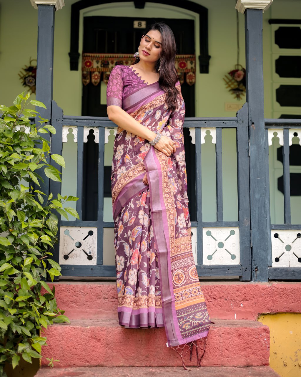 Wine Purple Floral Linen Cotton Saree