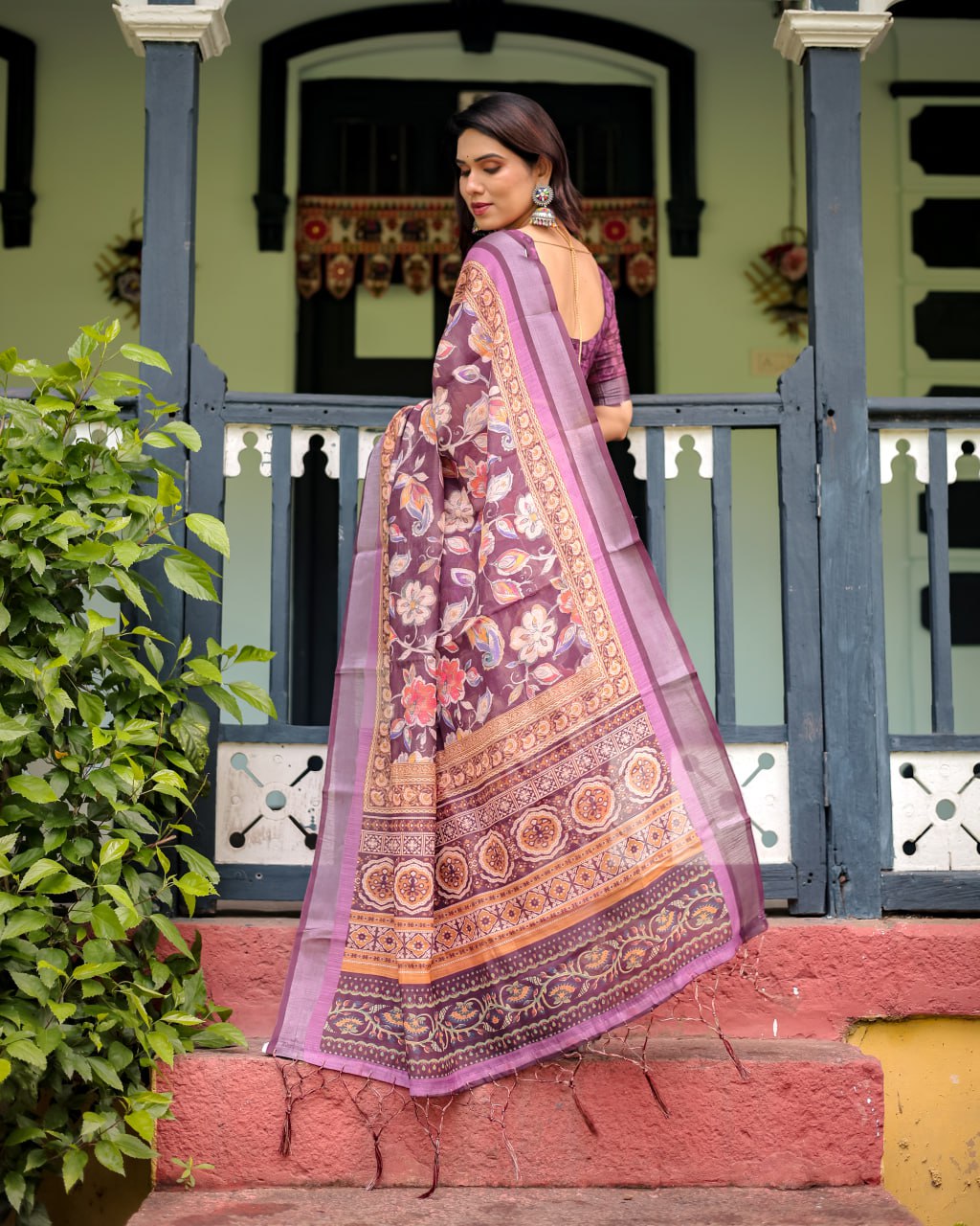 Wine Purple Floral Linen Cotton Saree