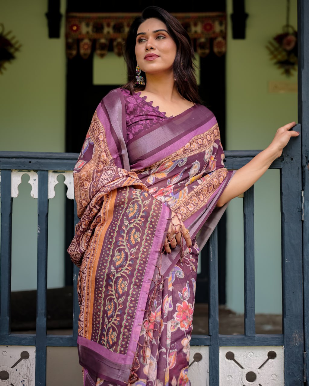 Wine Purple Floral Linen Cotton Saree