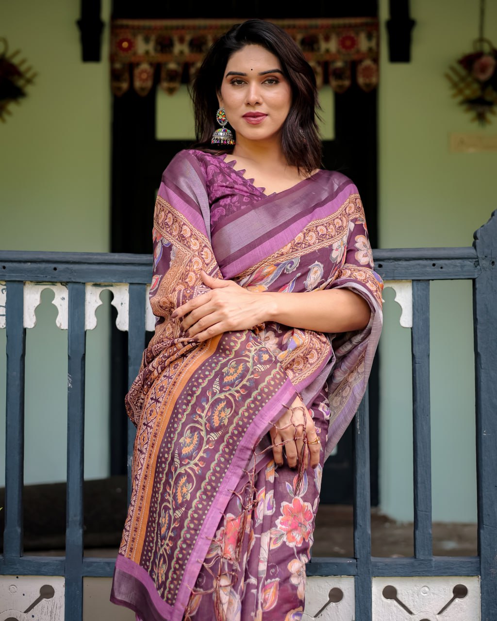 Wine Purple Floral Linen Cotton Saree
