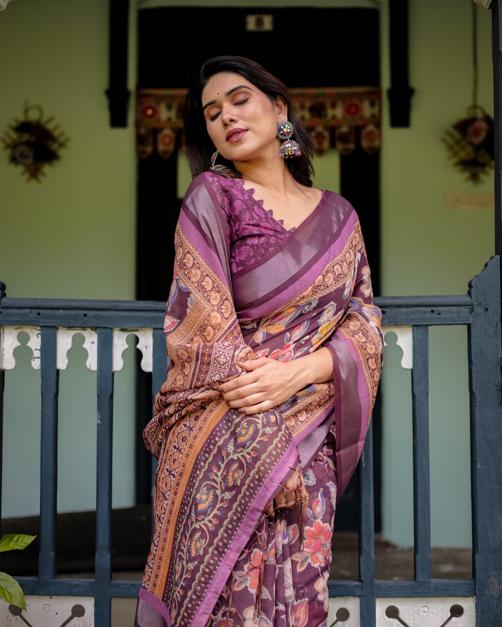 Wine Purple Floral Linen Cotton Saree