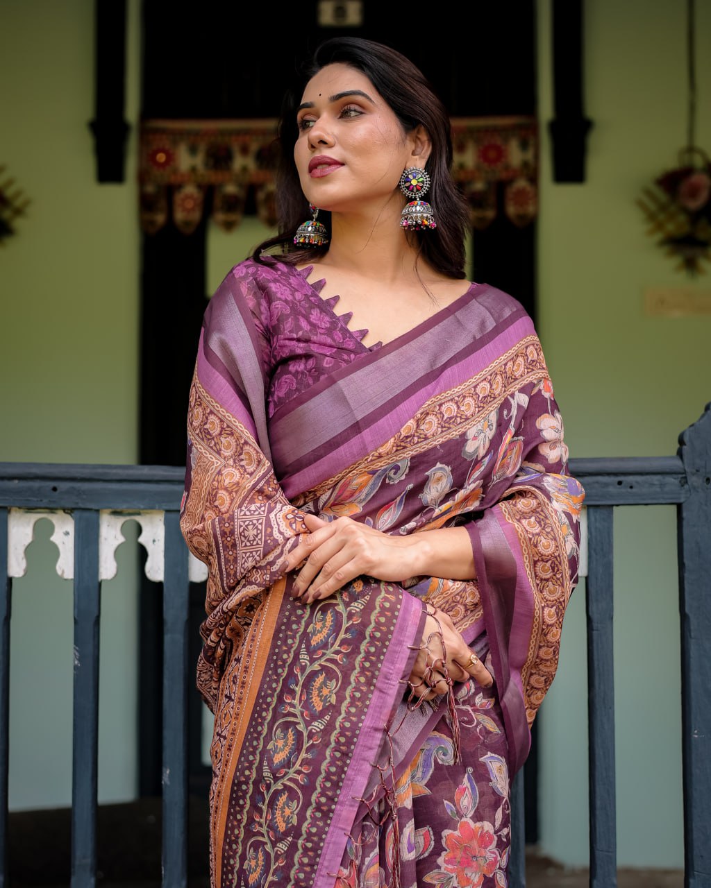 Wine Purple Floral Linen Cotton Saree