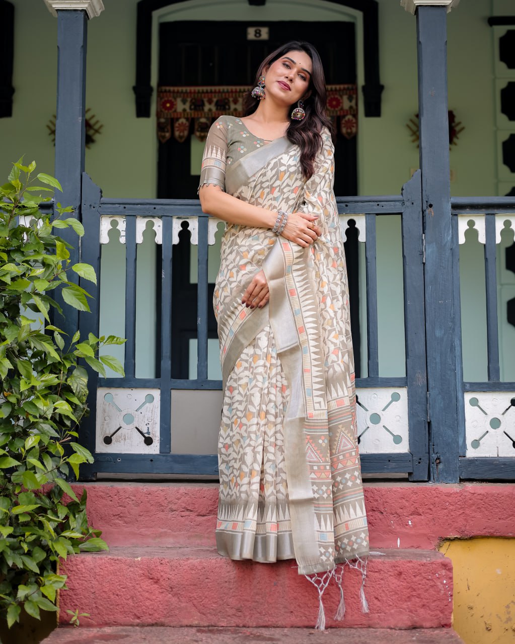 Elegant Off-White Linen Cotton Saree with Earthy Leafy Prints & Zari Border