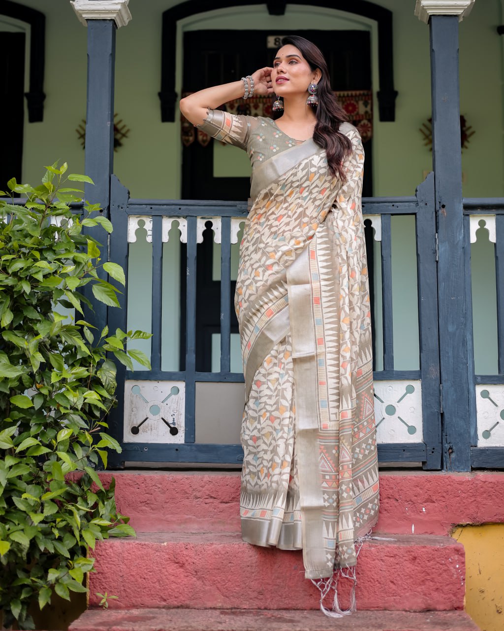 Elegant Off-White Linen Cotton Saree with Earthy Leafy Prints & Zari Border