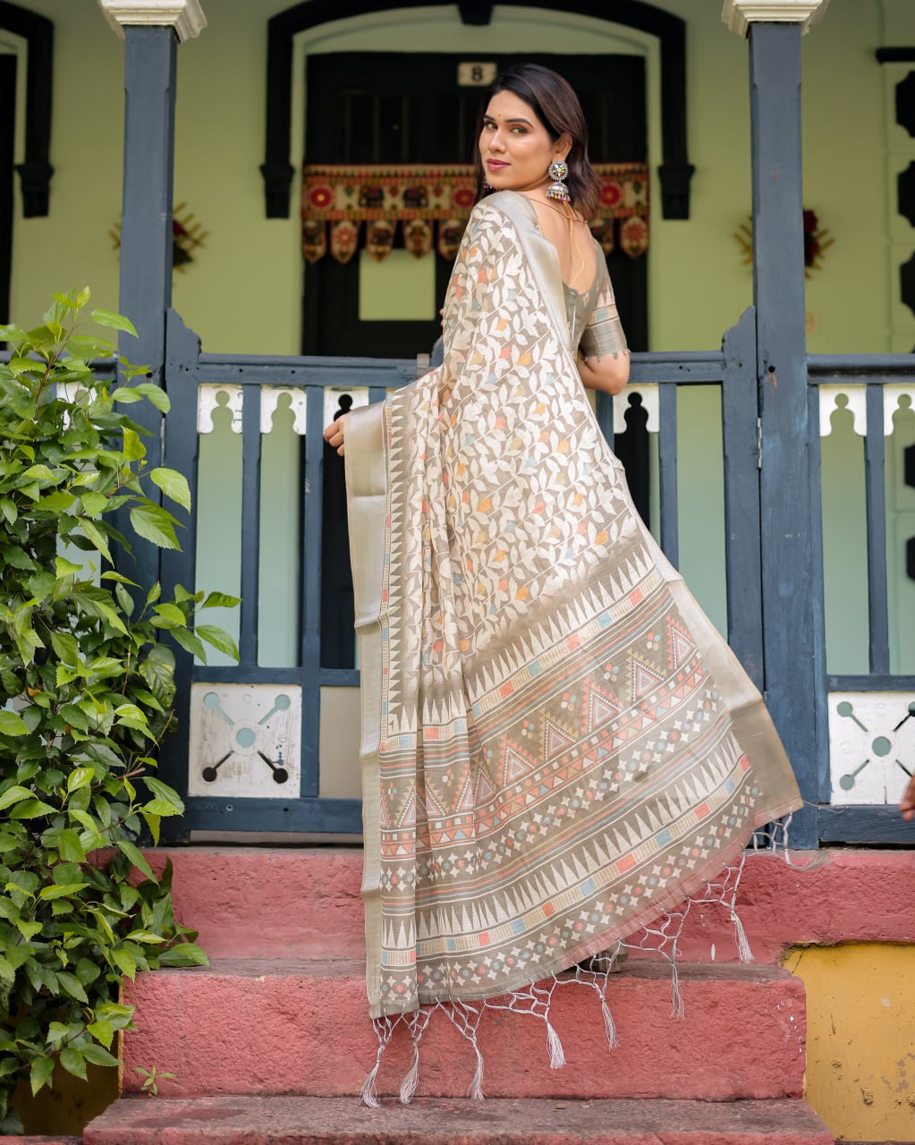 Elegant Off-White Linen Cotton Saree with Earthy Leafy Prints & Zari Border