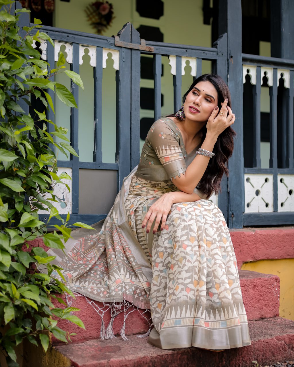 Elegant Off-White Linen Cotton Saree with Earthy Leafy Prints & Zari Border
