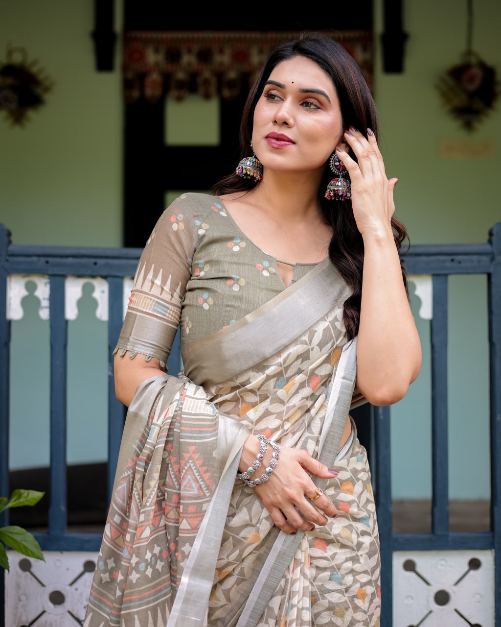 Elegant Off-White Linen Cotton Saree with Earthy Leafy Prints & Zari Border