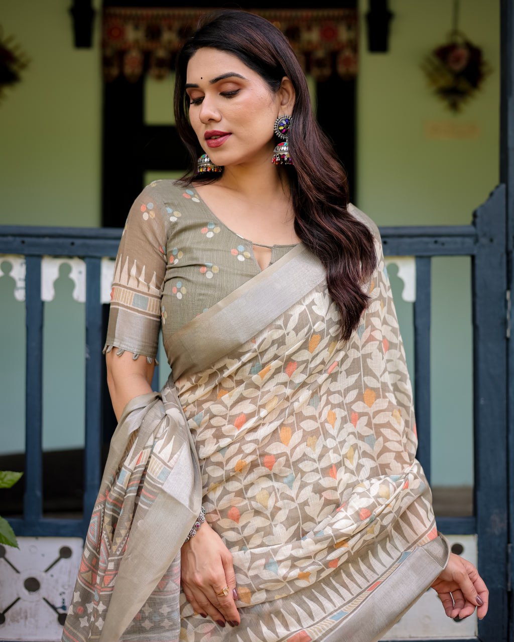 Elegant Off-White Linen Cotton Saree with Earthy Leafy Prints & Zari Border