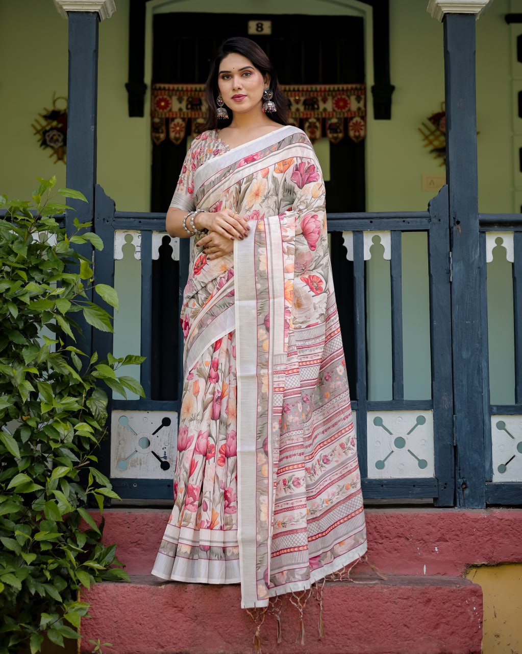 Graceful Off-White Linen Cotton Saree with Pink Floral Print & Zari Border