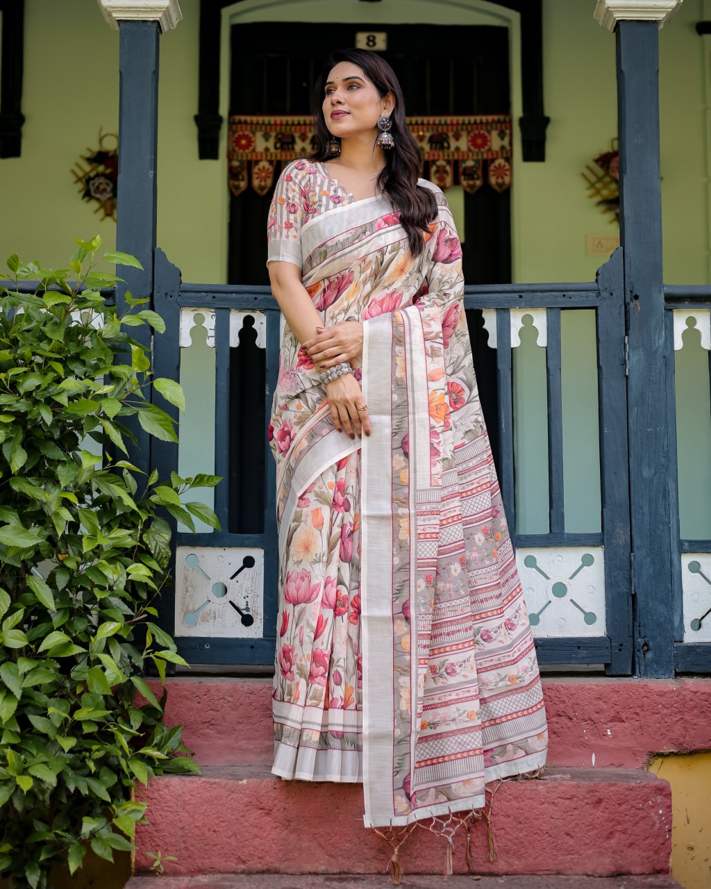 Graceful Off-White Linen Cotton Saree with Pink Floral Print & Zari Border