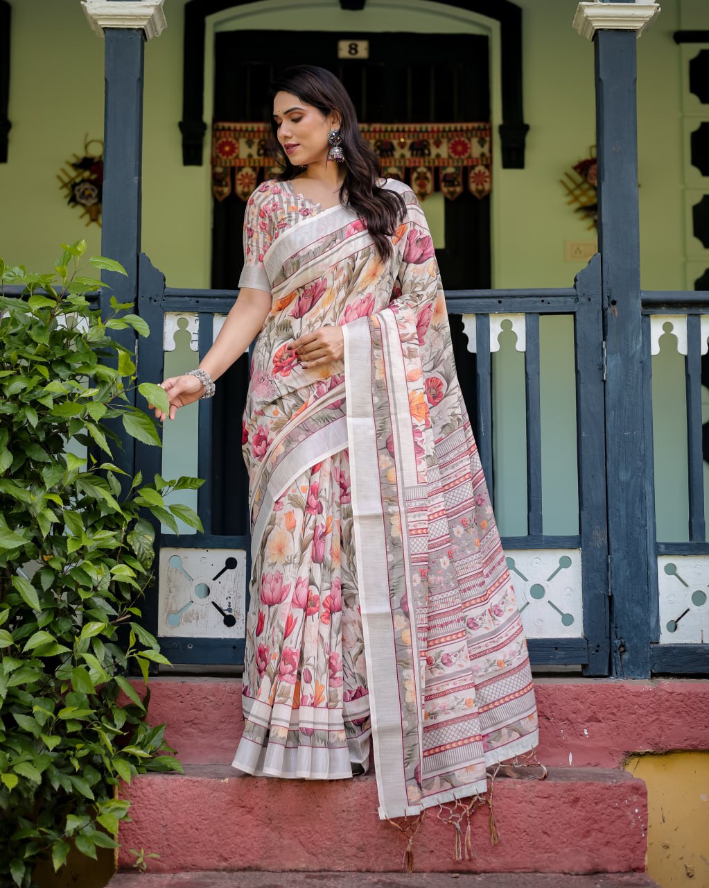 Graceful Off-White Linen Cotton Saree with Pink Floral Print & Zari Border