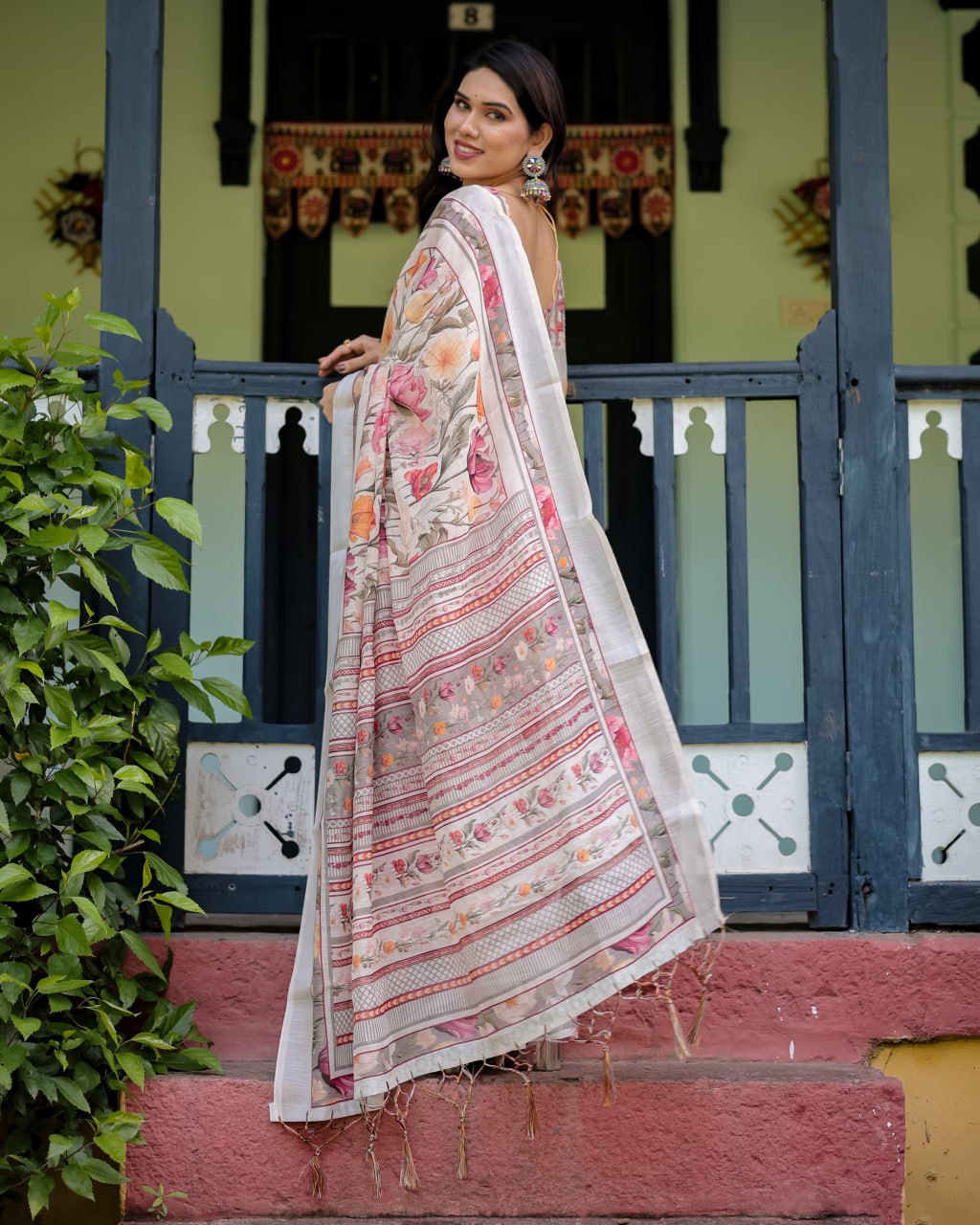 Graceful Off-White Linen Cotton Saree with Pink Floral Print & Zari Border