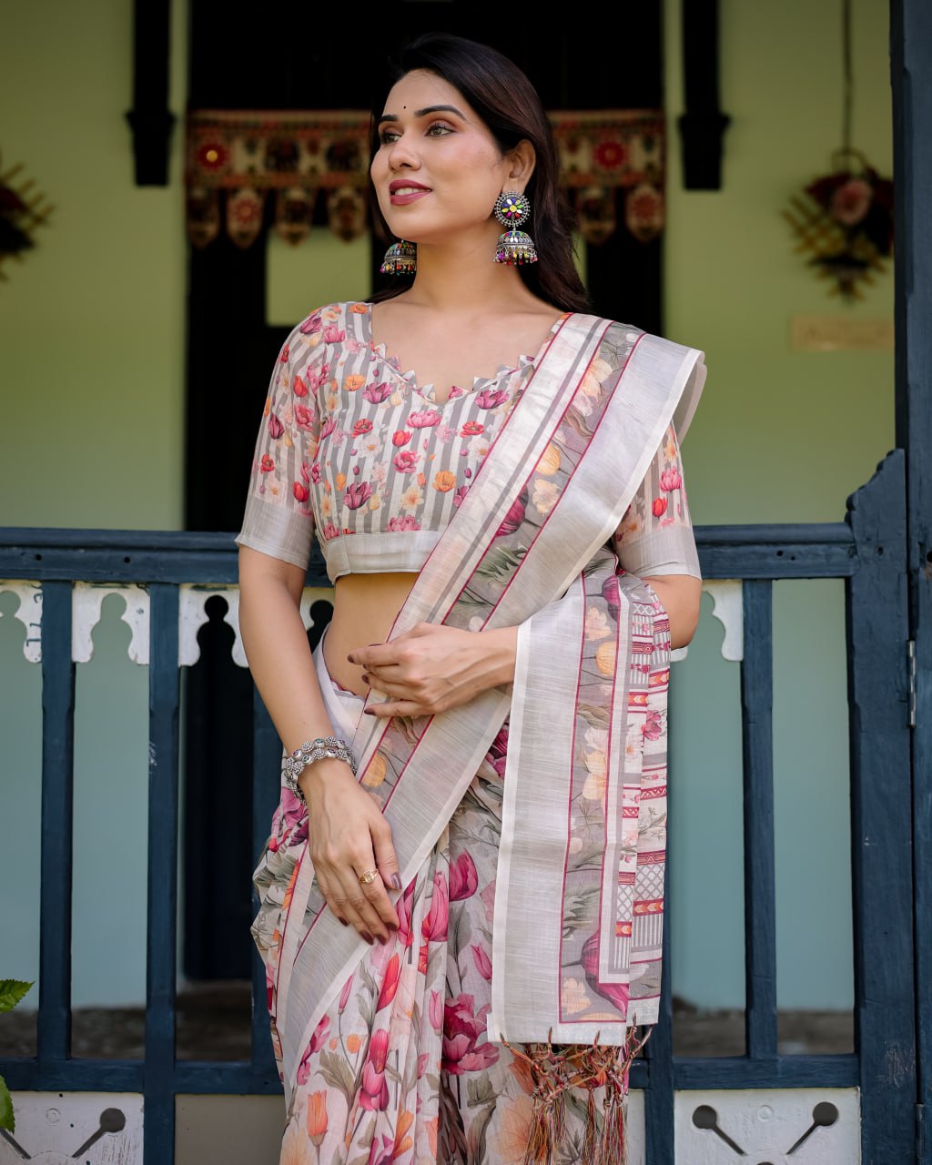 Graceful Off-White Linen Cotton Saree with Pink Floral Print & Zari Border