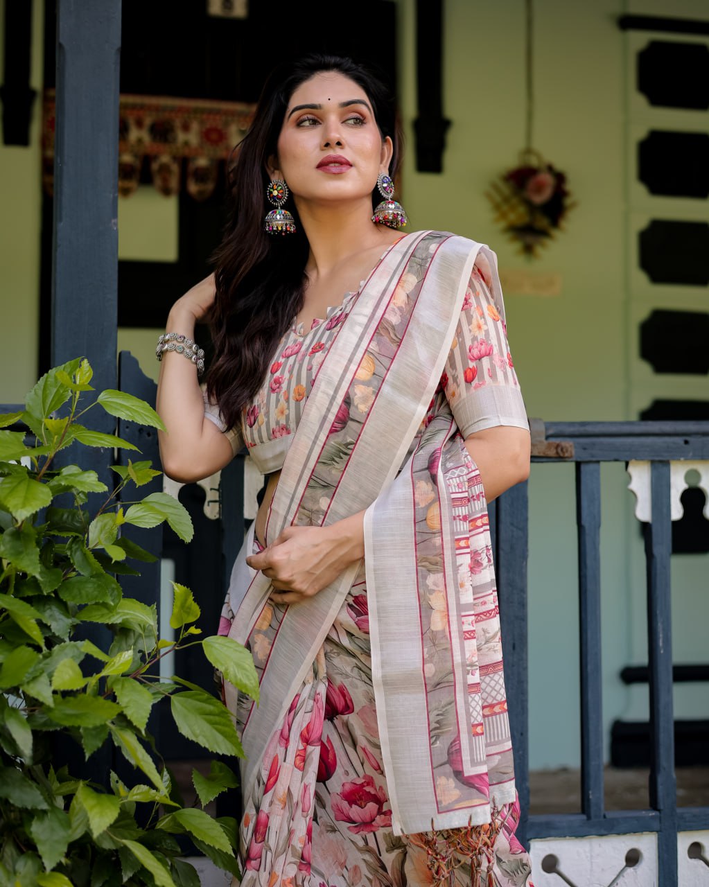 Graceful Off-White Linen Cotton Saree with Pink Floral Print & Zari Border