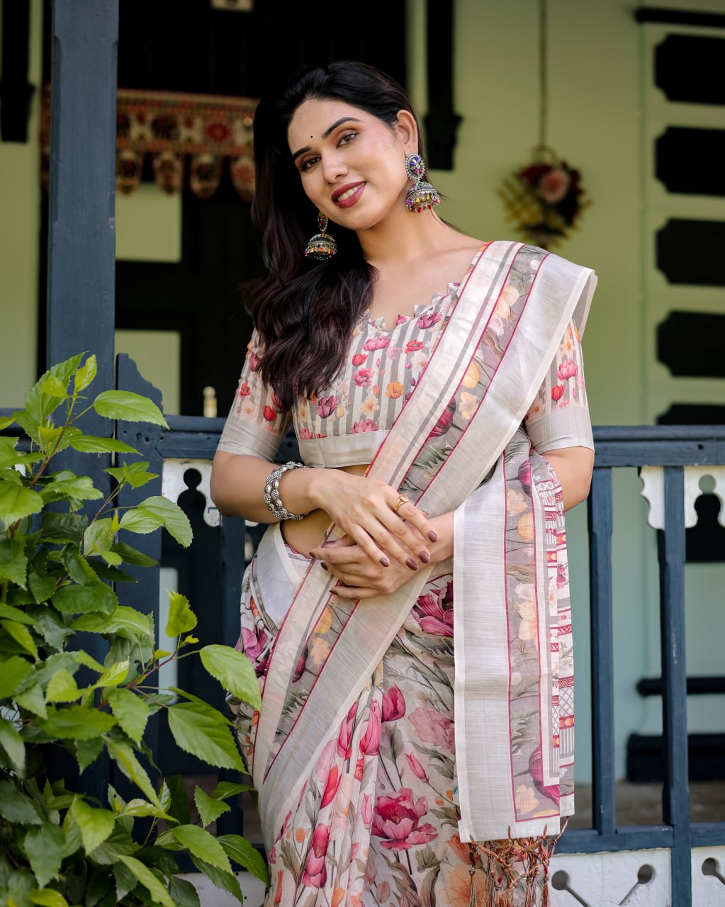 Graceful Off-White Linen Cotton Saree with Pink Floral Print & Zari Border