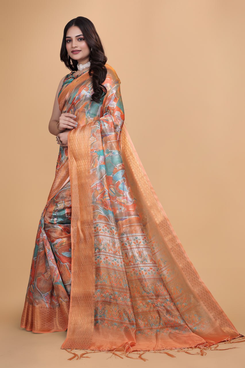 Orange & Copper Soft Silk Blend Saree with Zari Border and Printed Pallu