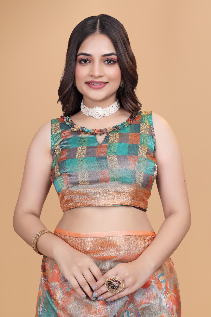 Orange & Copper Soft Silk Blend Saree with Zari Border and Printed Pallu