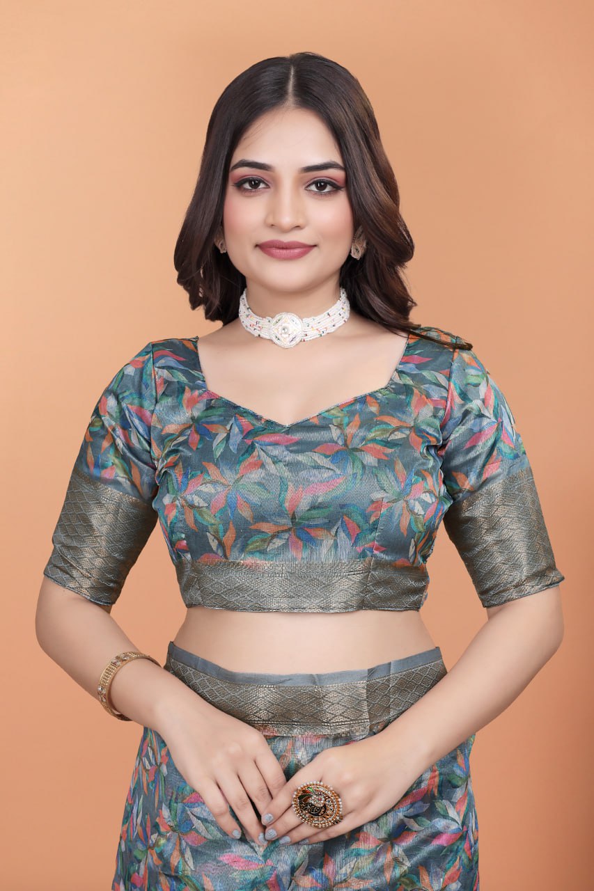 Grey & Multicolor Soft Silk Saree with Ethnic Pallu