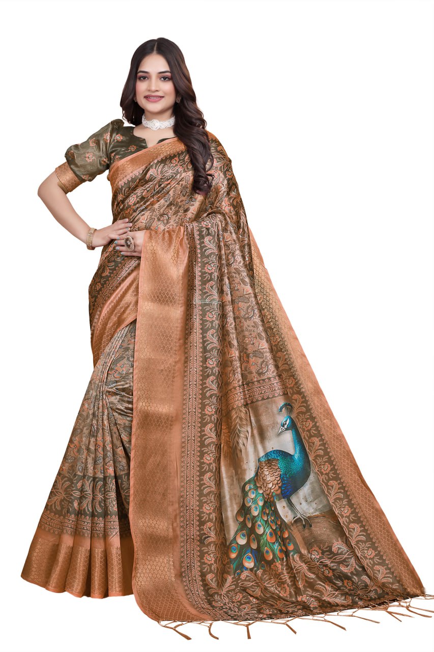 Bronze & Olive Green Soft Silk Saree with Majestic Peacock Pallu