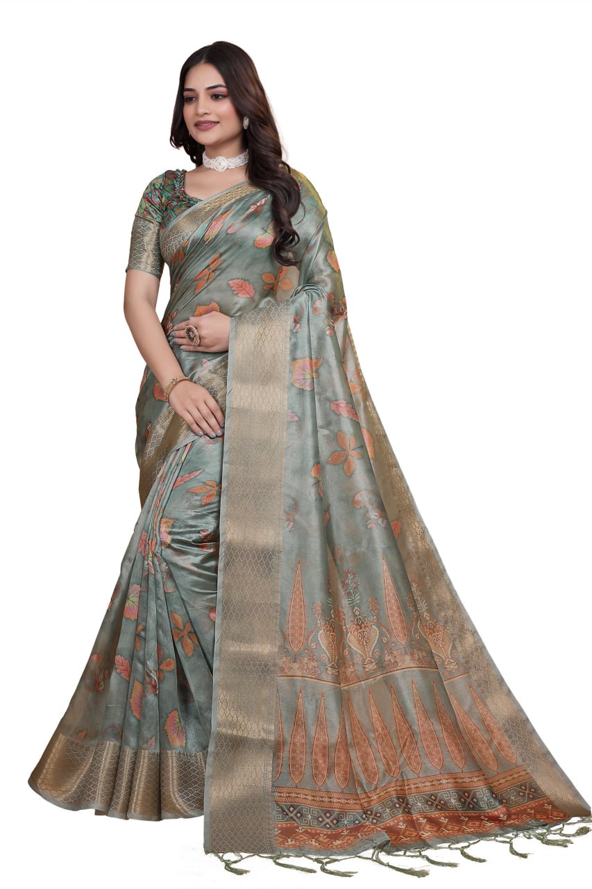 Sage Green Soft Silk Saree with Elegant Floral Prints & Rich Pallu