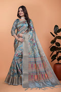 Sky Blue Floral Soft Silk Saree with Multicolor Pallu