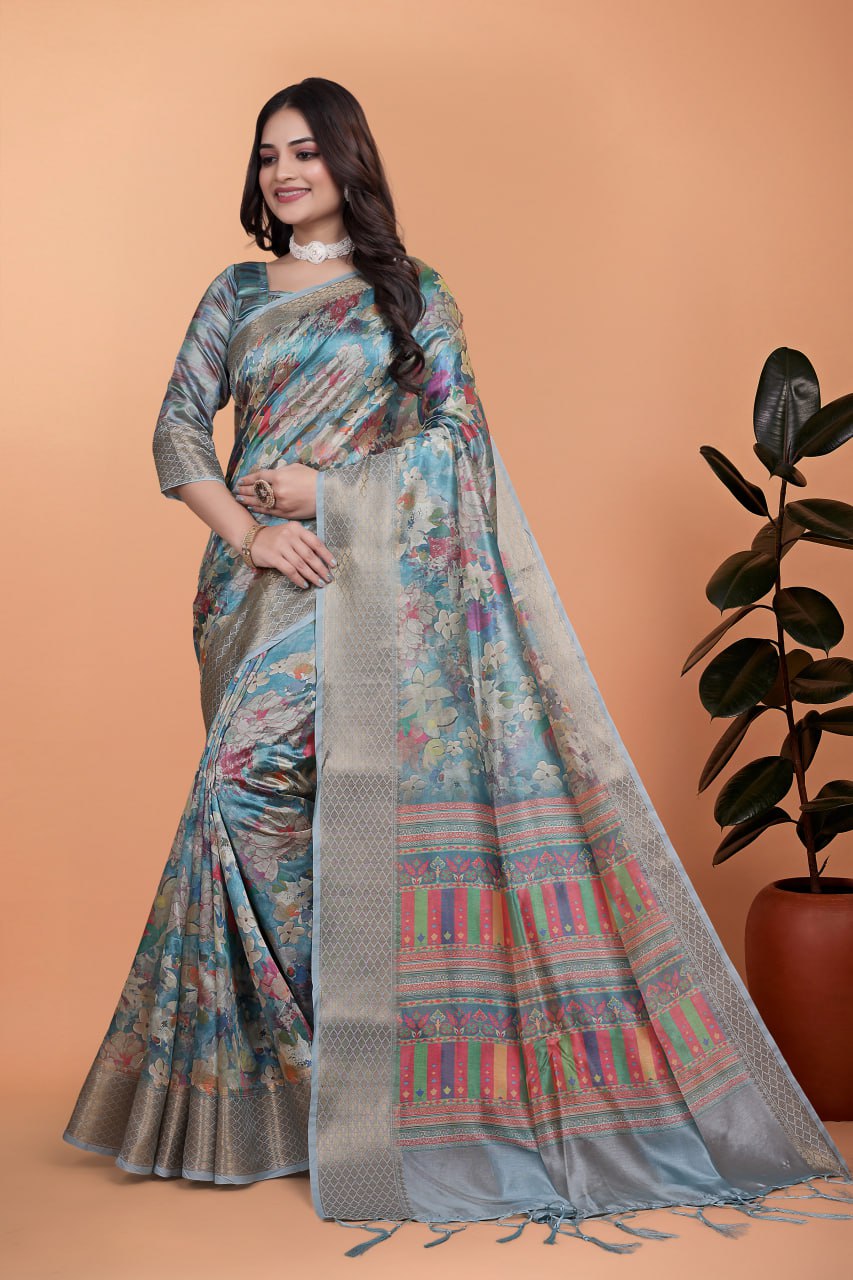 Sky Blue Floral Soft Silk Saree with Multicolor Pallu