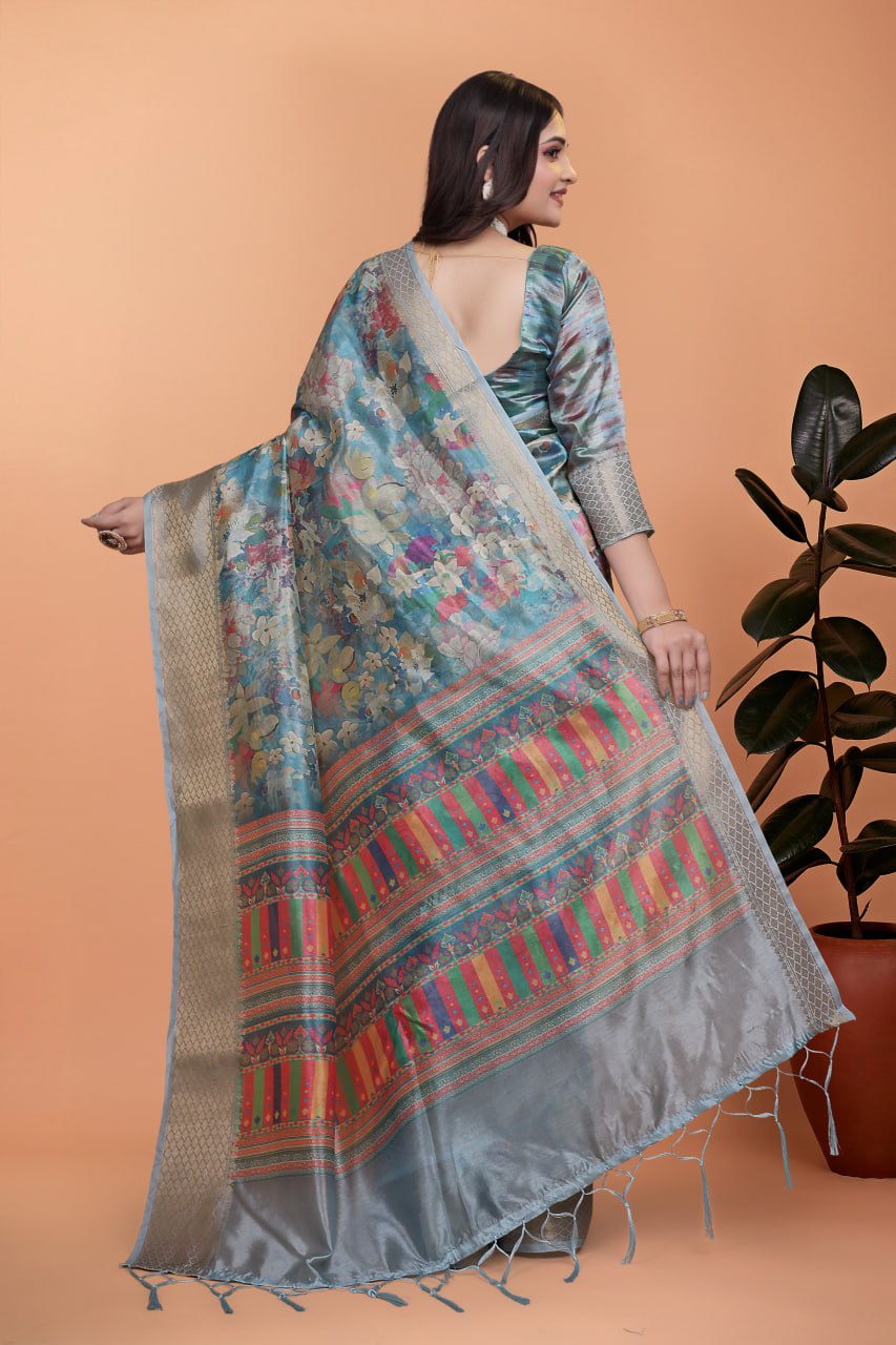 Sky Blue Floral Soft Silk Saree with Multicolor Pallu