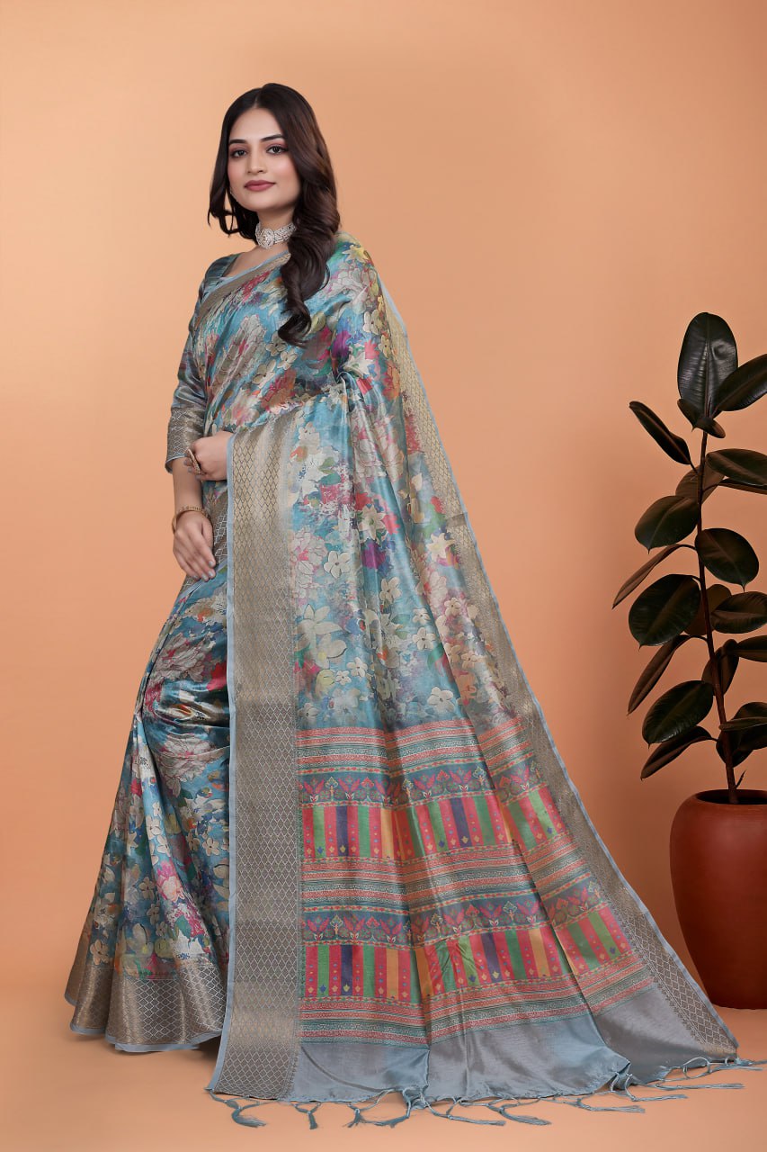 Sky Blue Floral Soft Silk Saree with Multicolor Pallu