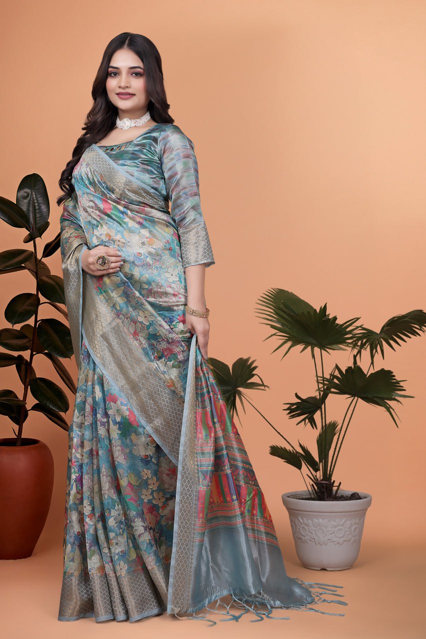 Sky Blue Floral Soft Silk Saree with Multicolor Pallu
