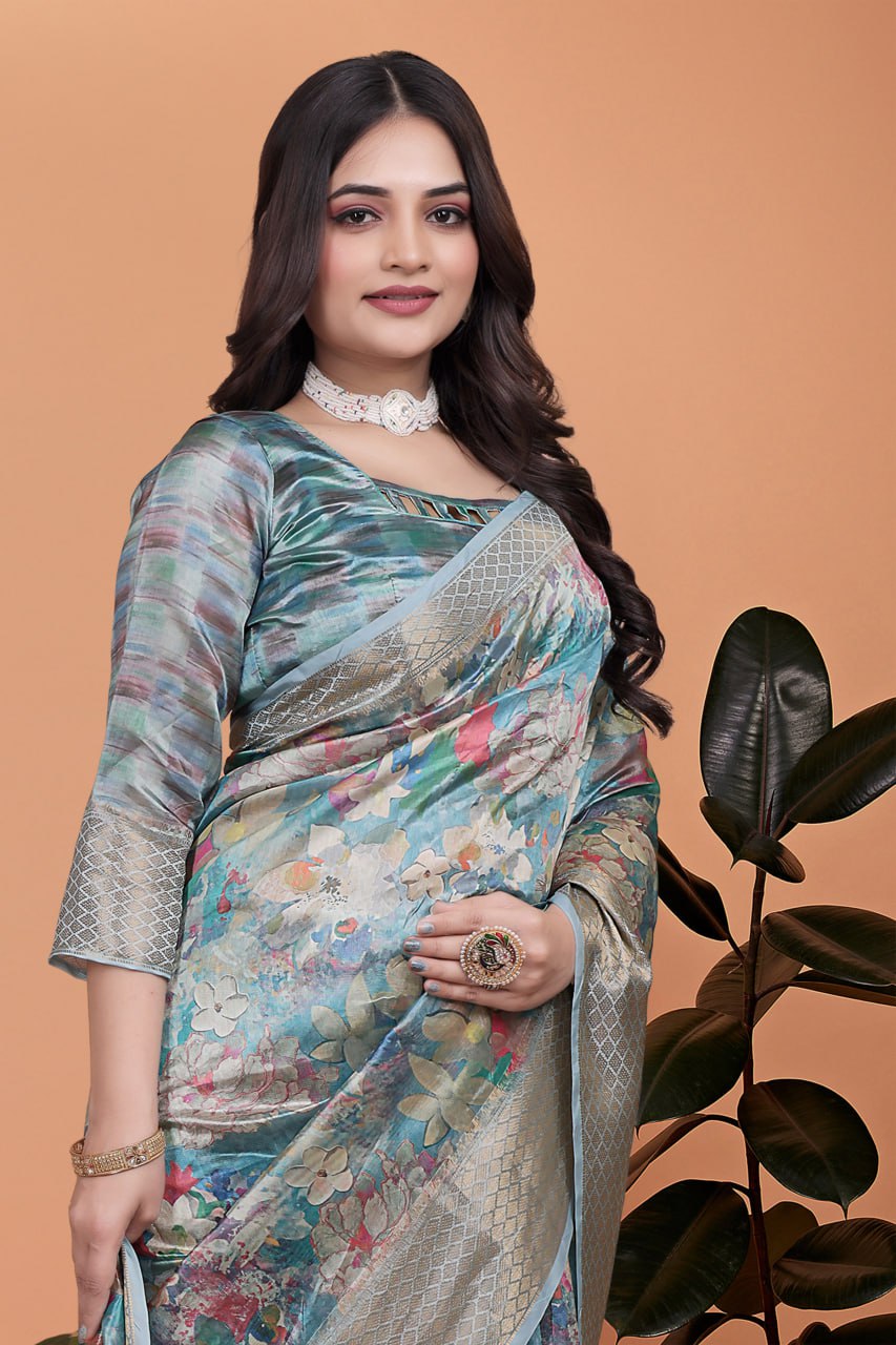 Sky Blue Floral Soft Silk Saree with Multicolor Pallu