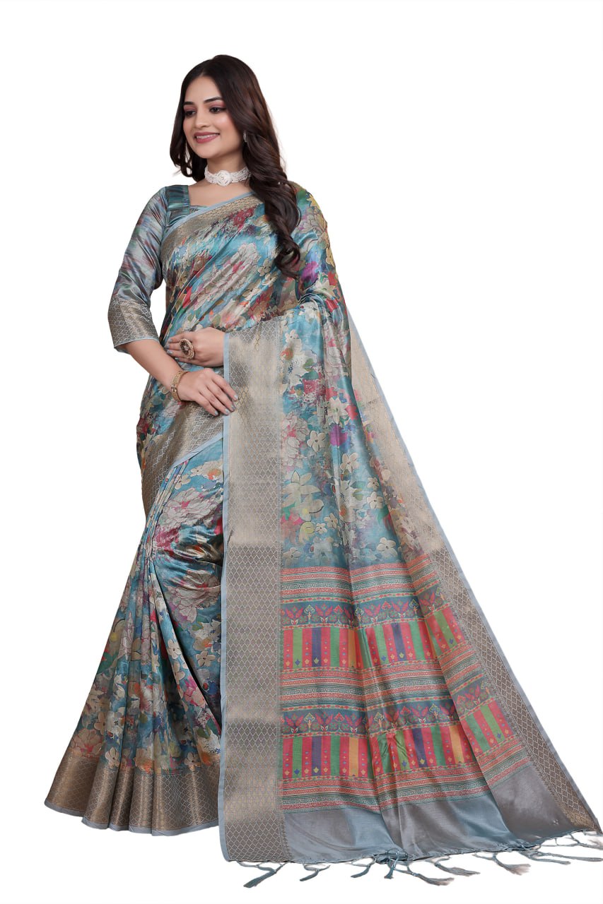 Sky Blue Floral Soft Silk Saree with Multicolor Pallu