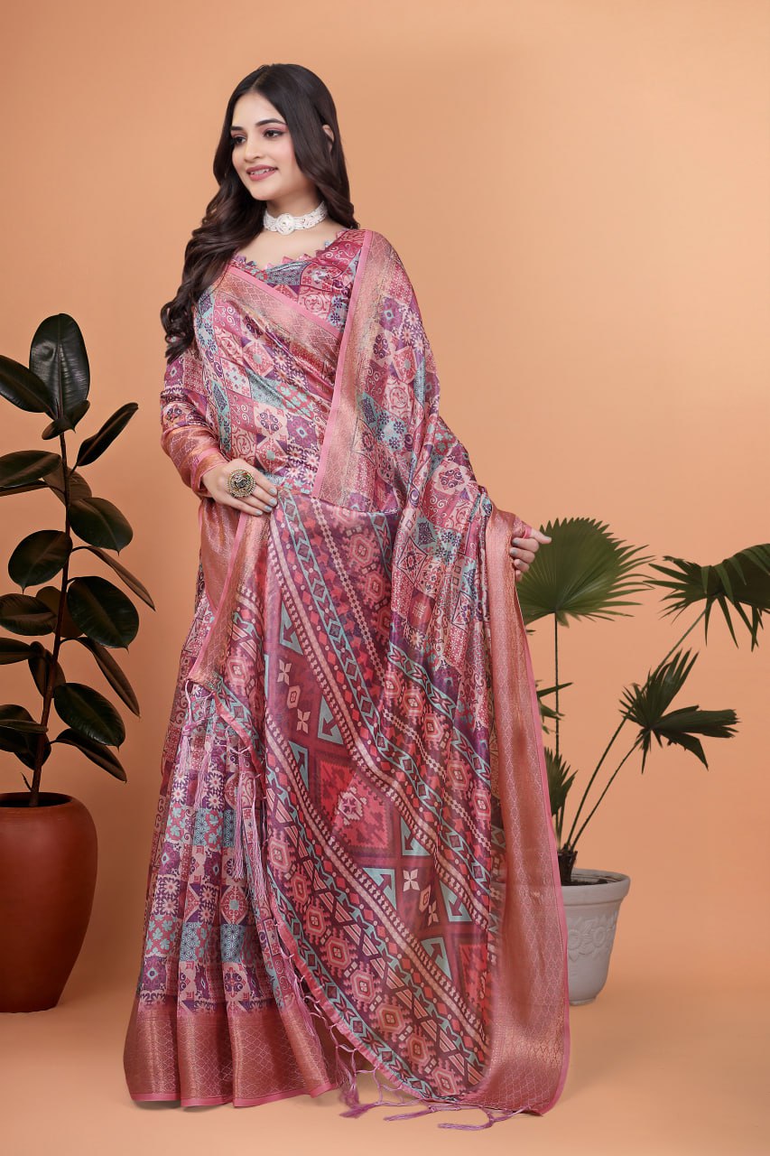 Pink Soft Silk Saree with Copper Zari Border & Multicolor Pallu