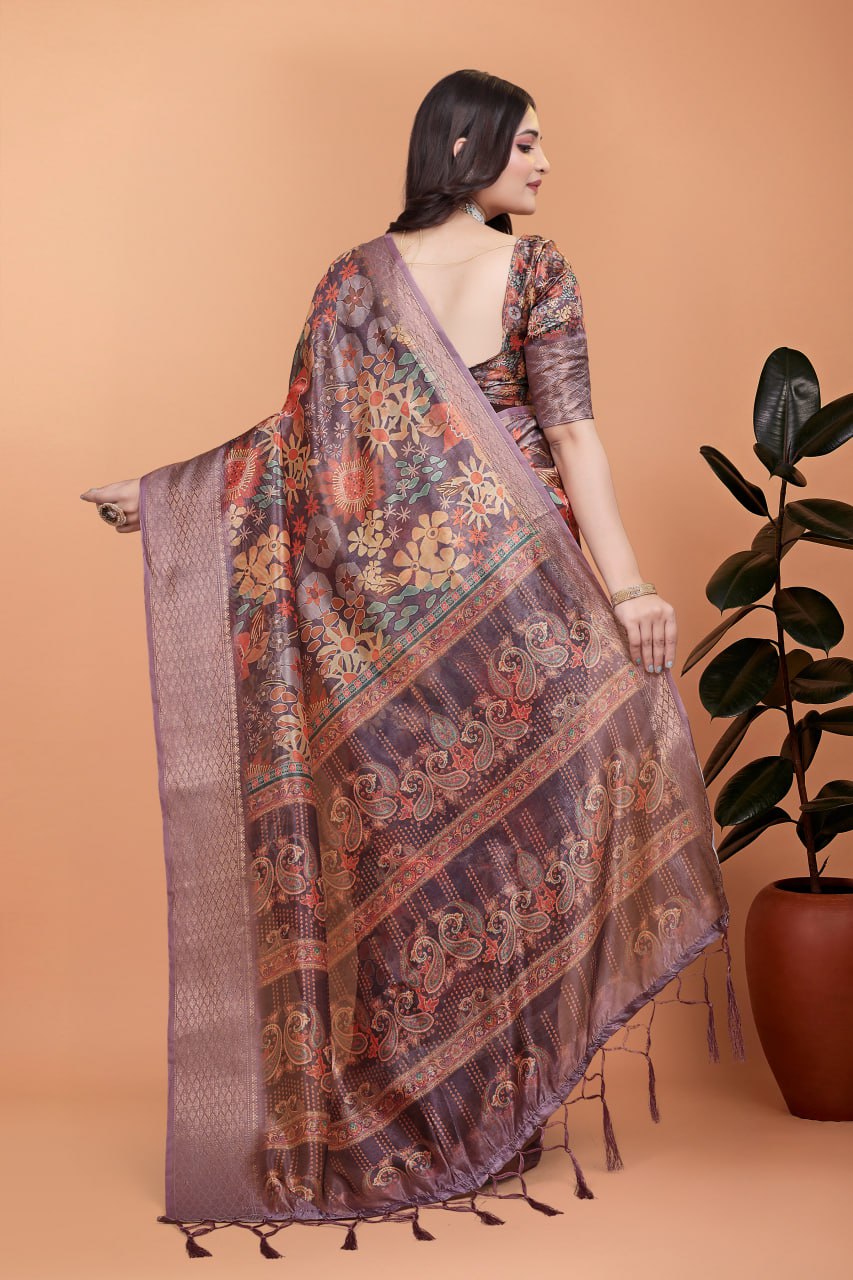 Lavender Soft Silk Saree with Copper Zari Border & Floral Pallu