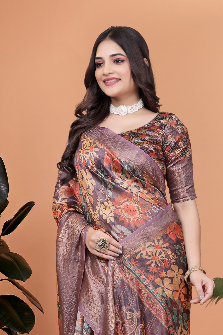 Lavender Soft Silk Saree with Copper Zari Border & Floral Pallu