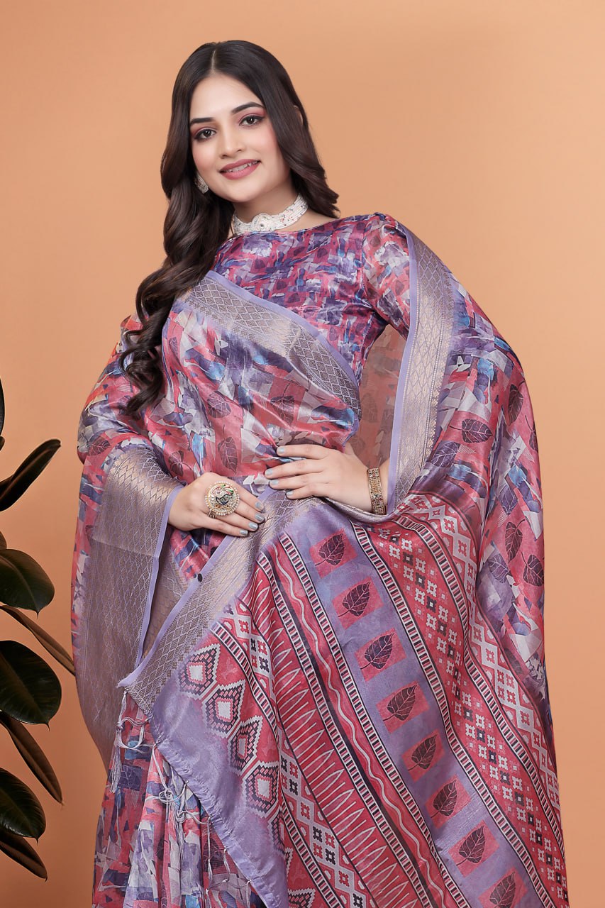 Lavender & Pink Soft Silk Saree with Copper Zari Border & Leaf Print