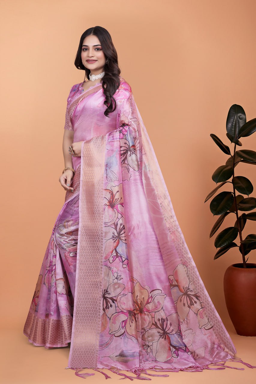 Baby Pink Soft Silk Saree with Floral Digital Print & Copper Zari Border