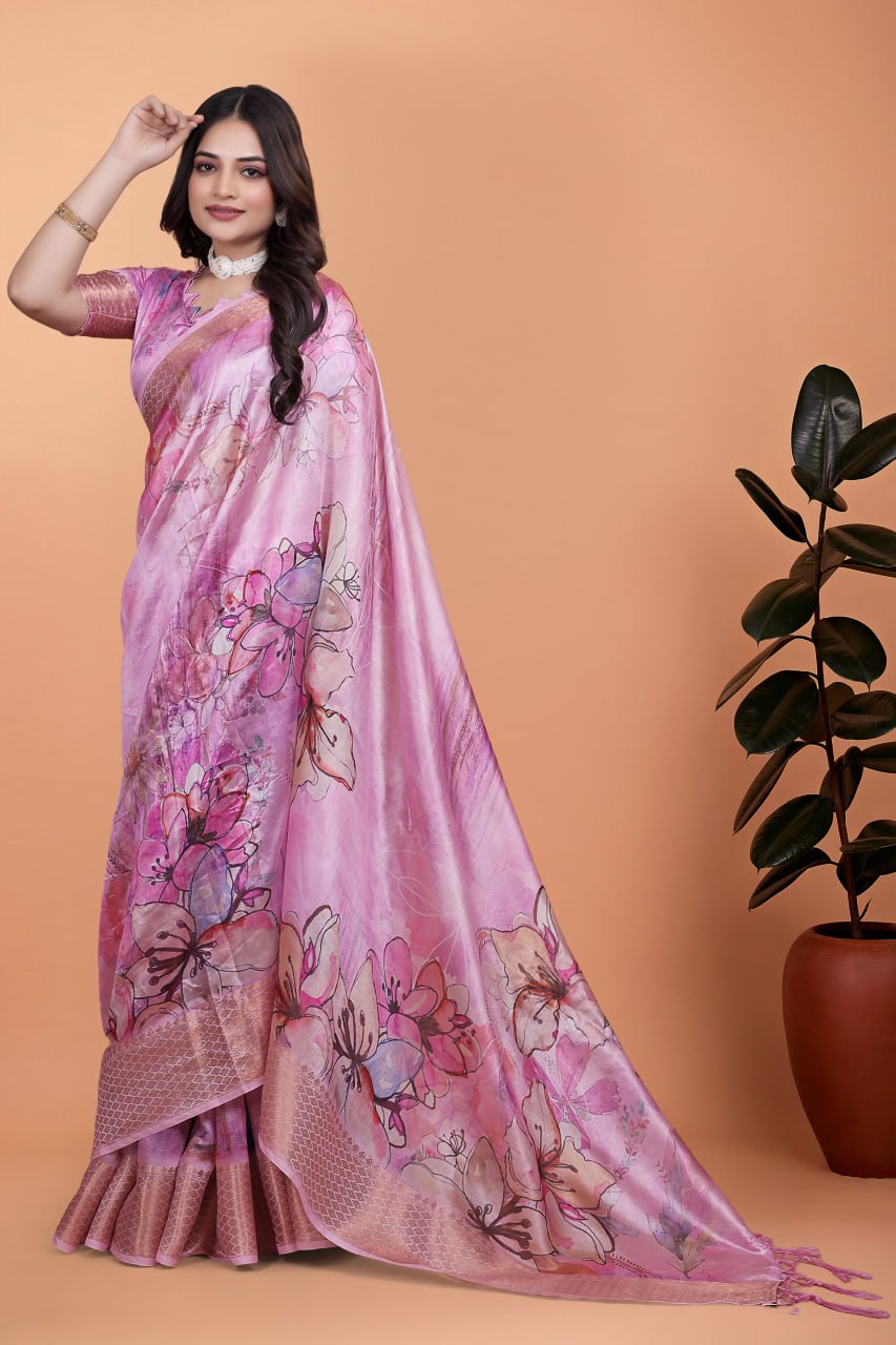 Baby Pink Soft Silk Saree with Floral Digital Print & Copper Zari Border